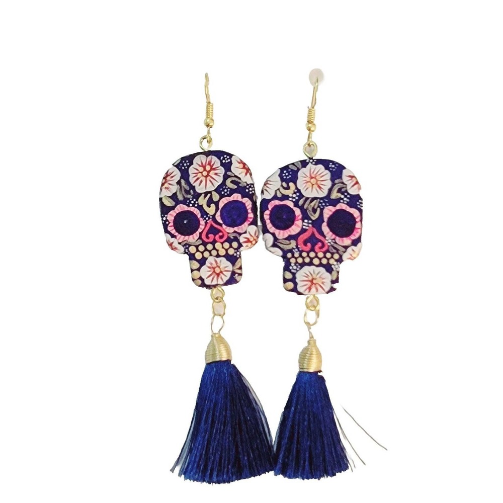 Scull Earrings With Tassels Handmade Hand Painted Mexican Folk Art 3" Long Blue